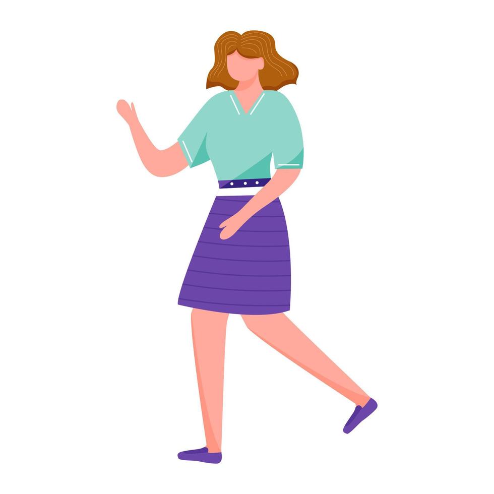 caminando ilustración vectorial plana chica segura. colegiala bailando en ropa casual. Joven morena caucásica activa gesticulando mujer personaje de dibujos animados aislado sobre fondo blanco. vector