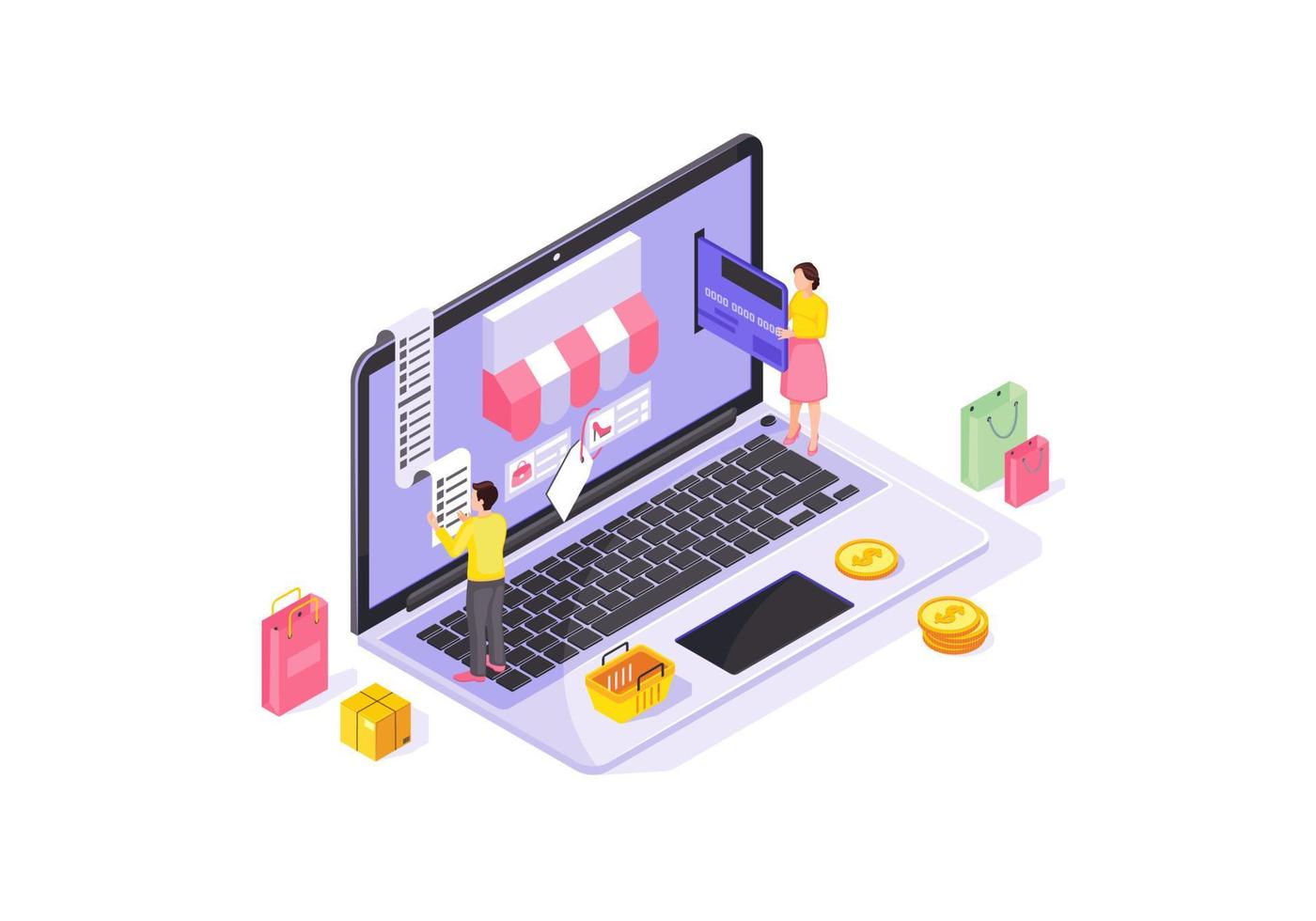 Online shopping isometric color vector illustration