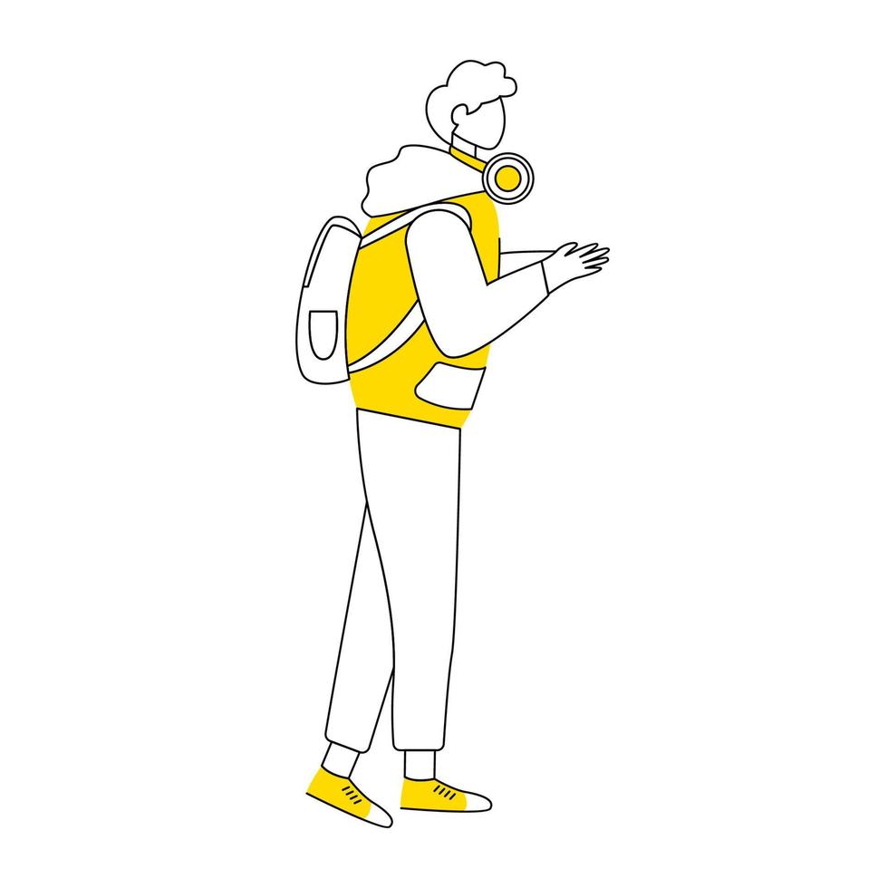 Adolescent boy flat contour vector illustration. Young music lover man isolated cartoon outline character on white background. Teenager with backpack and headphones in sportswear simple drawing