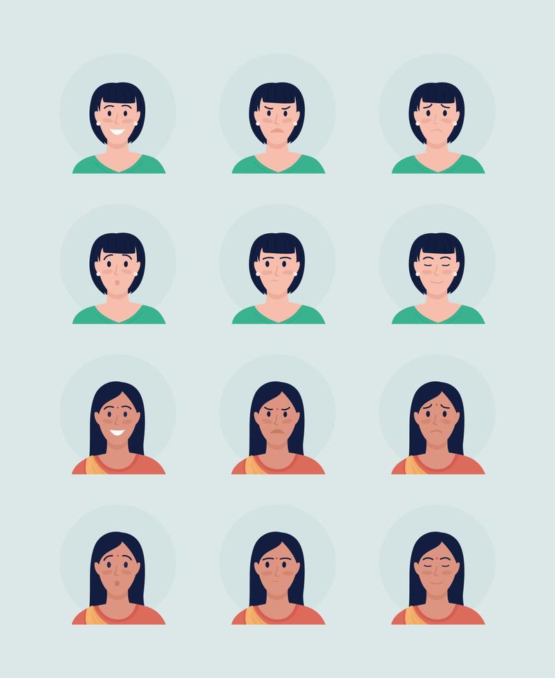 diferentes mujeres enfrentan expresiones semi plano color vector carácter avatar conjunto