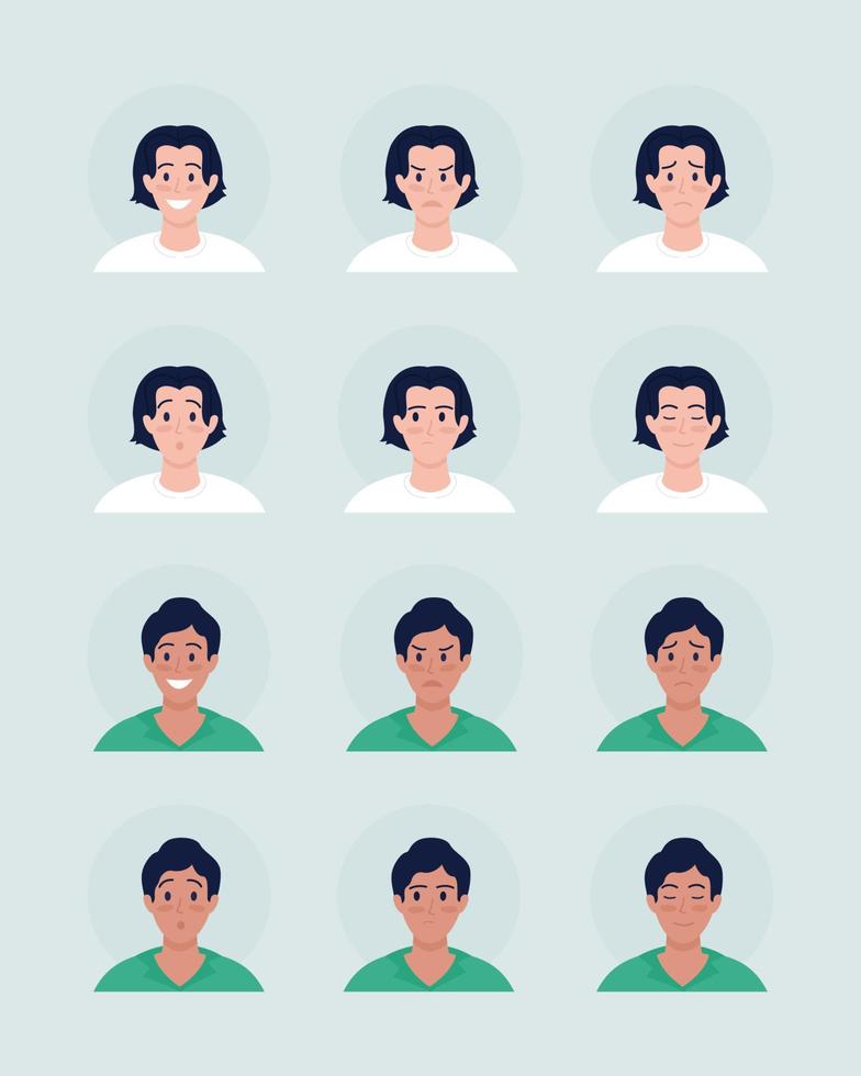Various boys facial expressions semi flat color vector character avatar set
