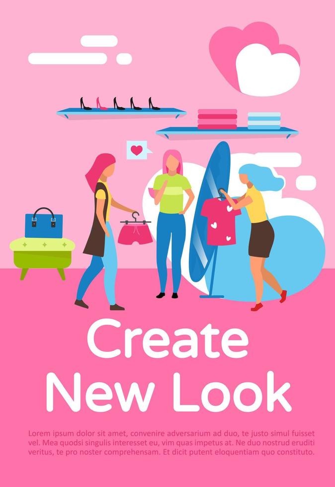 Create new look poster vector template. Shopping at clothes boutique. Brochure, cover, booklet page concept design with flat illustrations. Clothing store. Advertising leaflet, banner layout idea