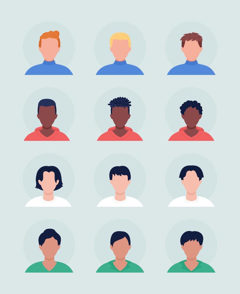 Men with hairstyles semi flat color vector character avatar set