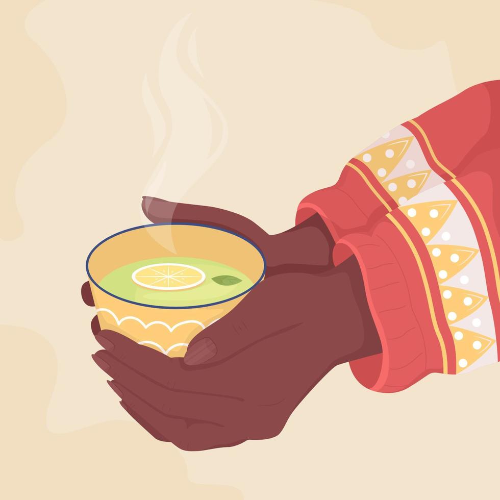 Holding cup of green lemon tea flat color vector illustration