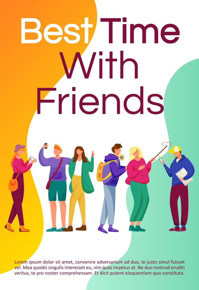 Best time with friends brochure template. Flyer, booklet, leaflet concept with flat illustrations. Vector page cartoon layout for magazine. Youth entertainment advertising invitation with text space