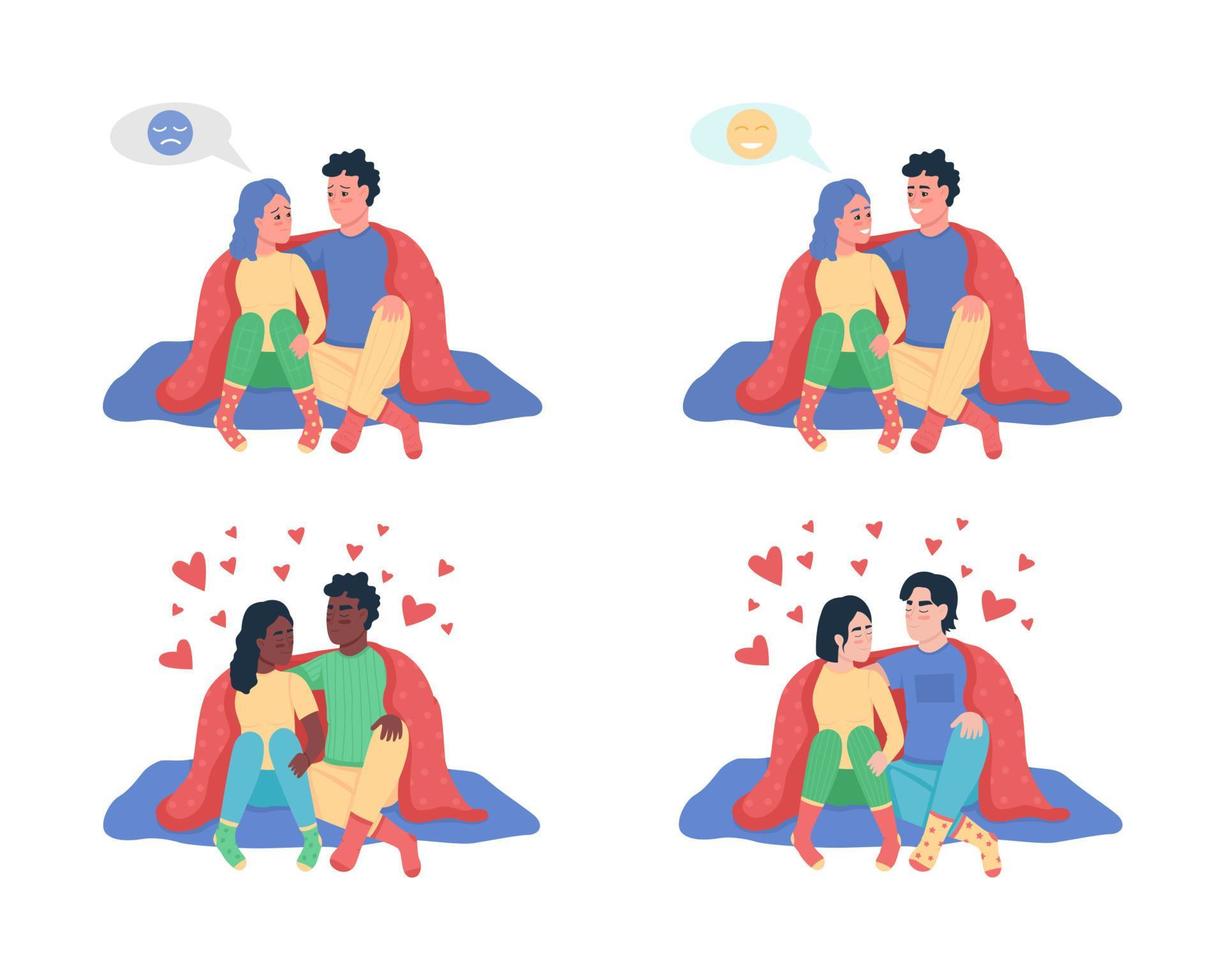 Couple under blanket semi flat color vector character set