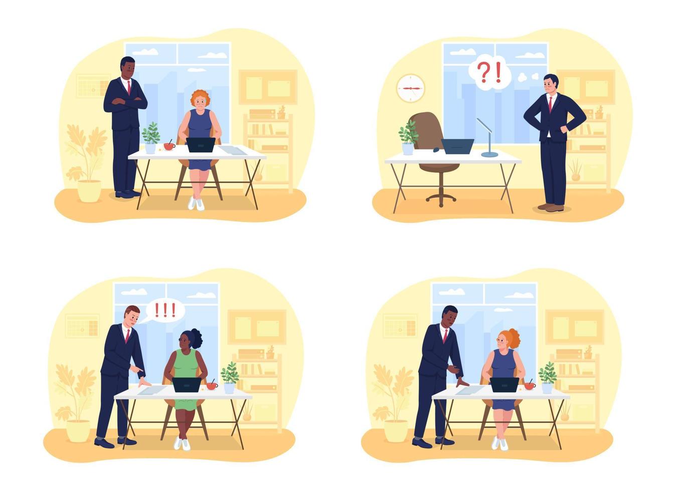 Boss and employee in office 2D vector isolated illustration set