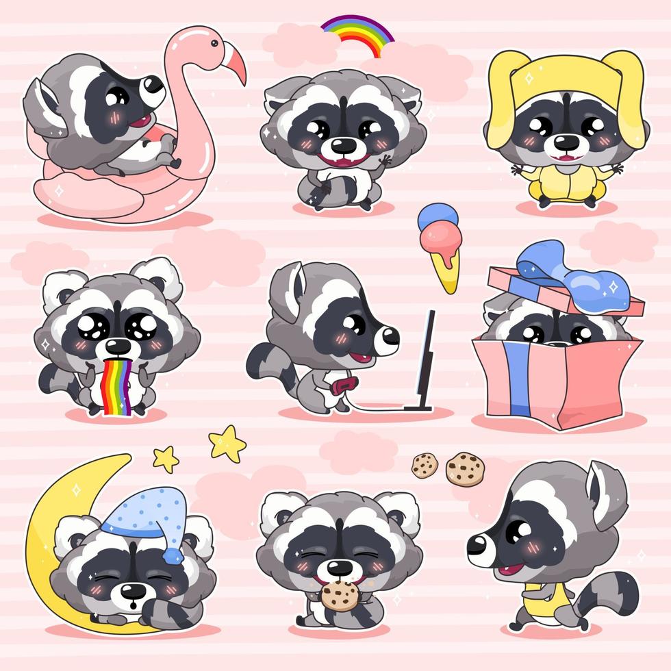 Cute raccoon kawaii cartoon vector characters set. Adorable and funny smiling animal isolated stickers, patches, kids book illustrations pack. Anime baby little raccoon emojis on pink background