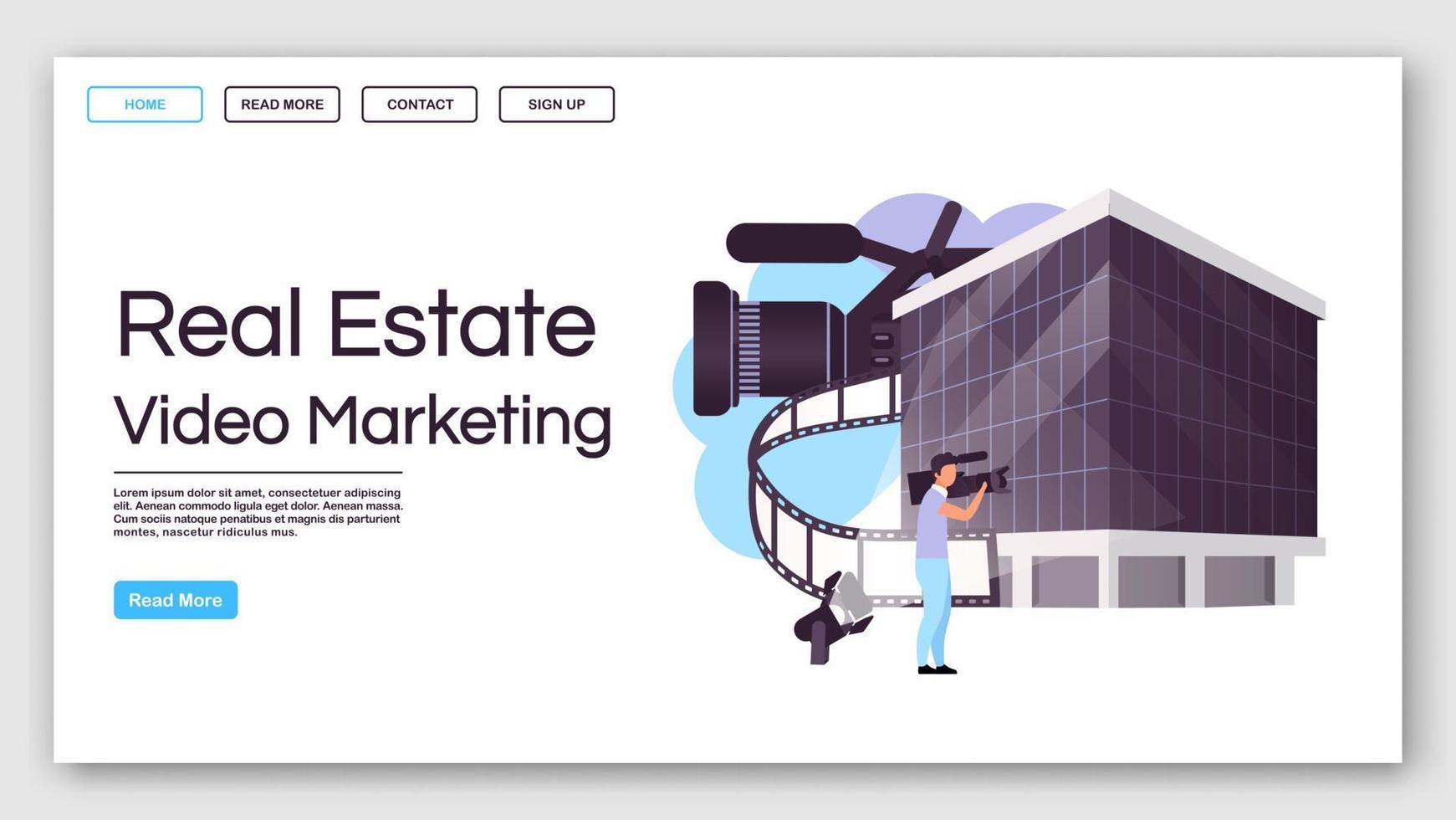 Real estate video marketing landing page vector template. House advertisement website interface idea with flat illustrations. Building commercial homepage layout. Web banner, webpage cartoon concept