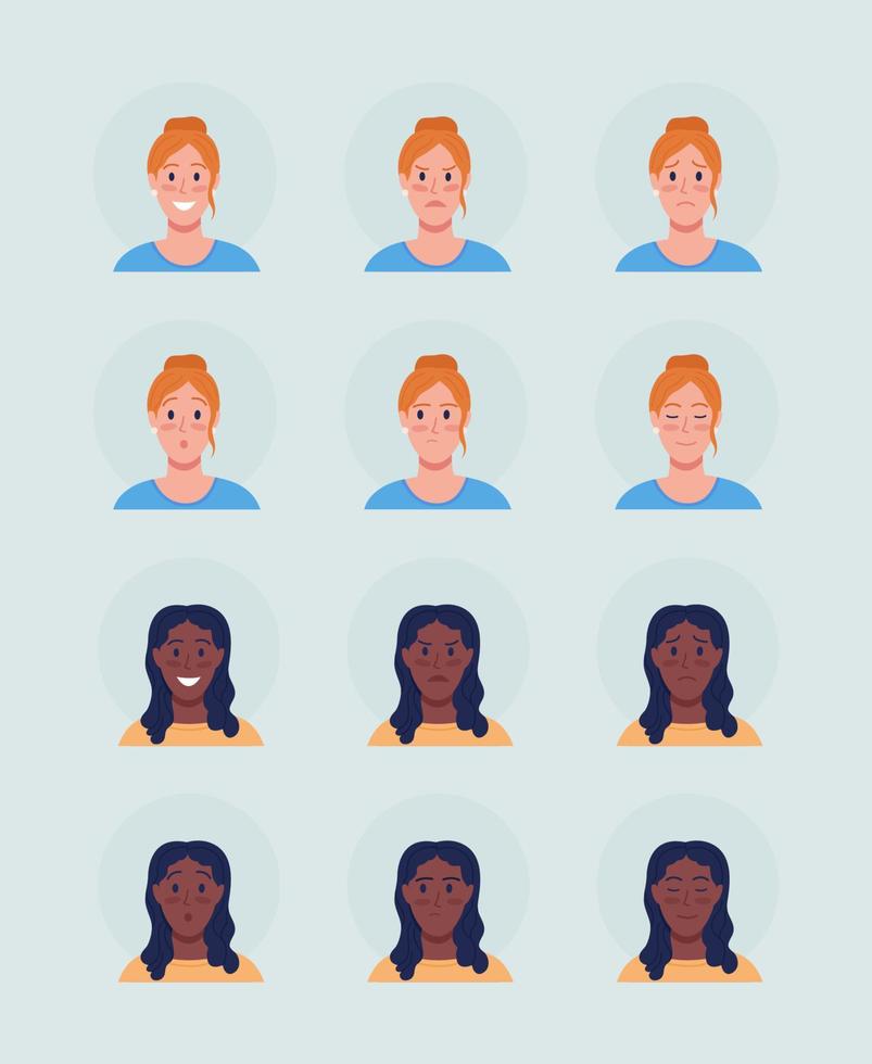 Diferentes expresiones faciales femeninas conjunto de avatar de carácter vectorial de color semi plano vector