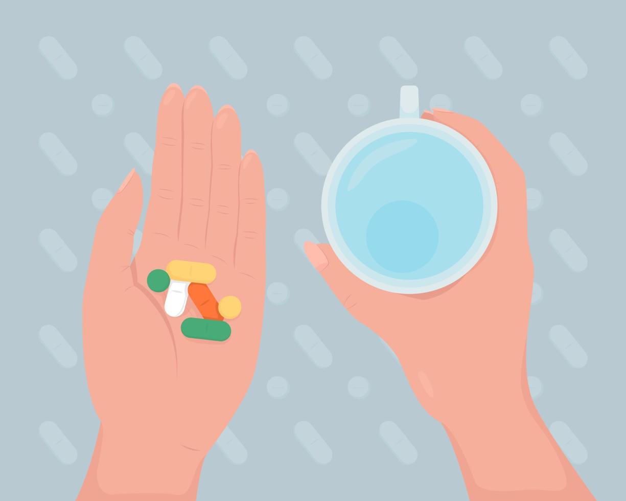 Taking prescription pills flat color vector illustration
