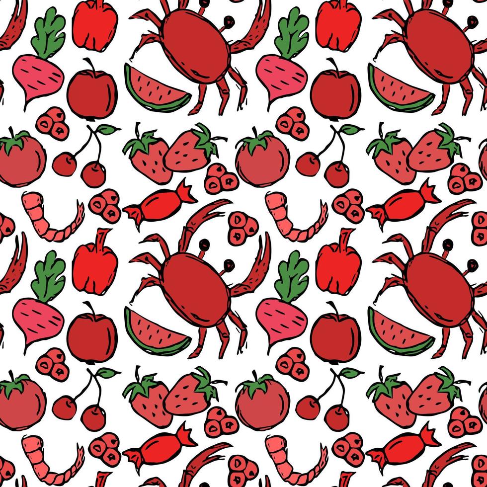 Colored seamless pattern with red food icons. Isolated vector food icons