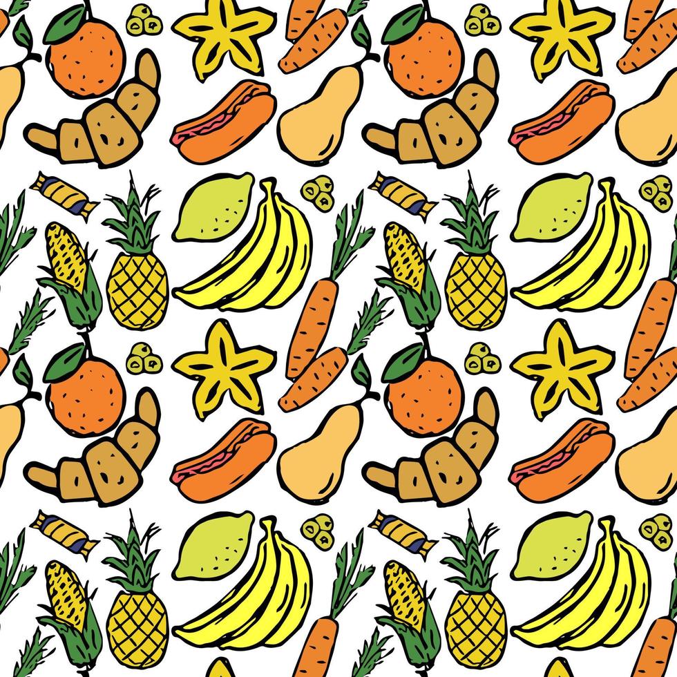 patrón transparente coloreado con iconos de alimentos amarillos y naranjas. vector iconos de comida