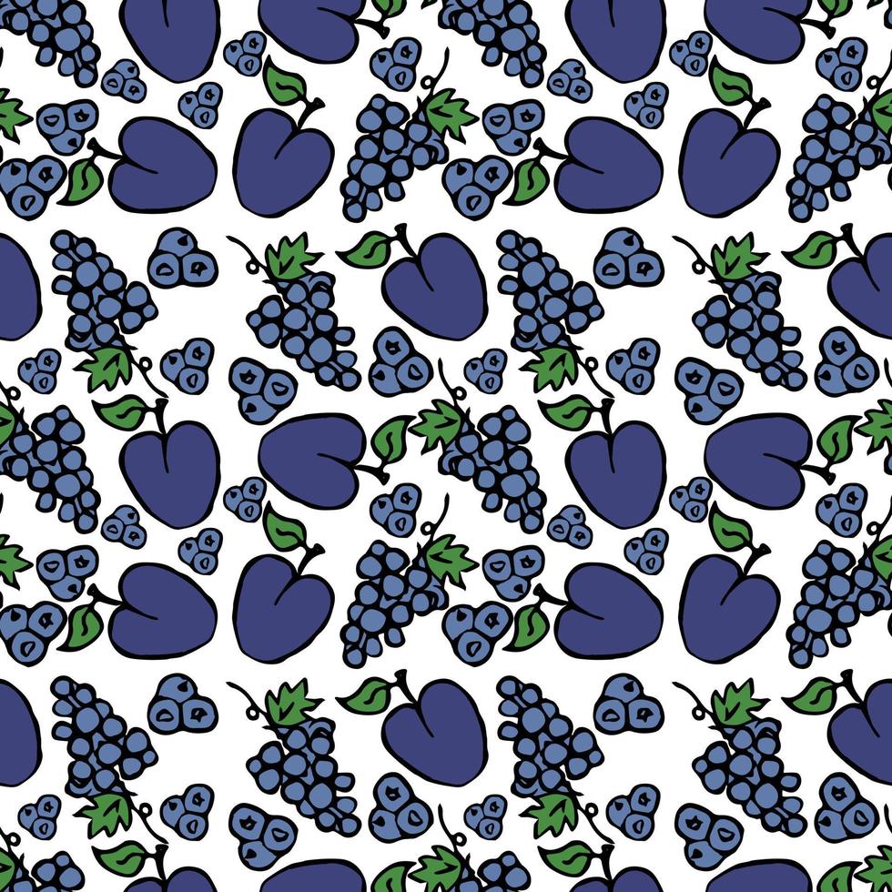 vector food icons with grape and plum on white background. Colored seamless pattern with blue fruit icons.