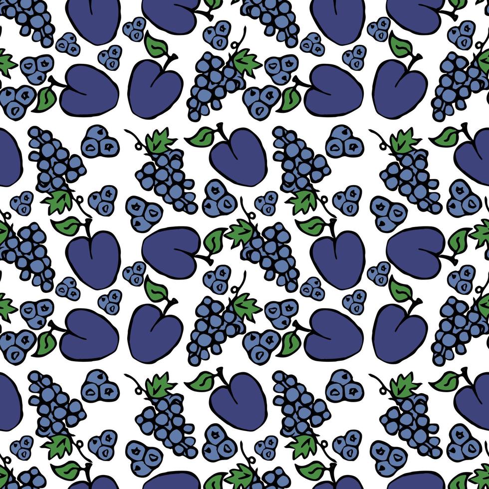 vector iconos de alimentos con uva y ciruela sobre fondo blanco. patrón transparente de color con iconos de frutas azules.