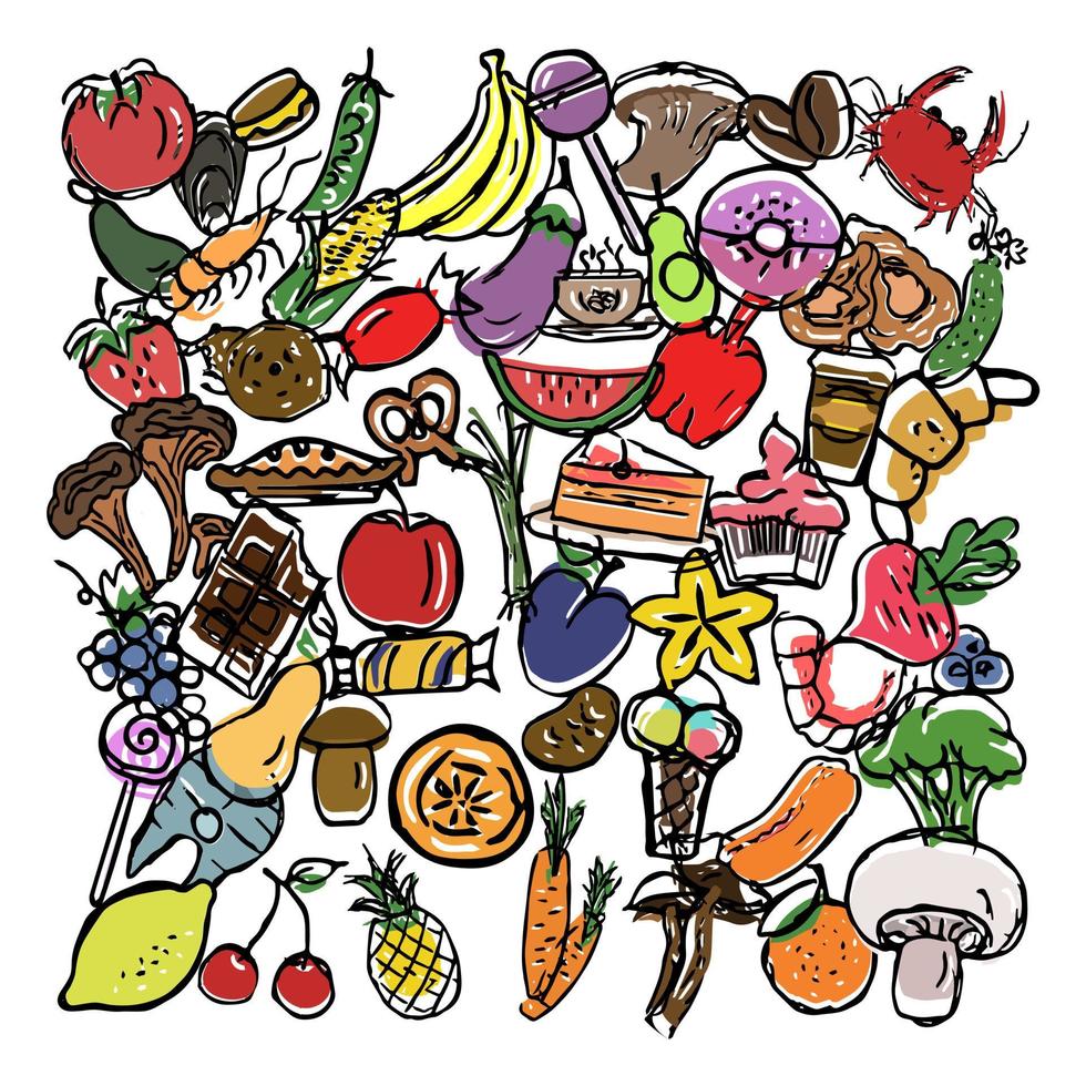 iconos de alimentos vectoriales. conjunto de iconos de frutas y verduras de colores. vector