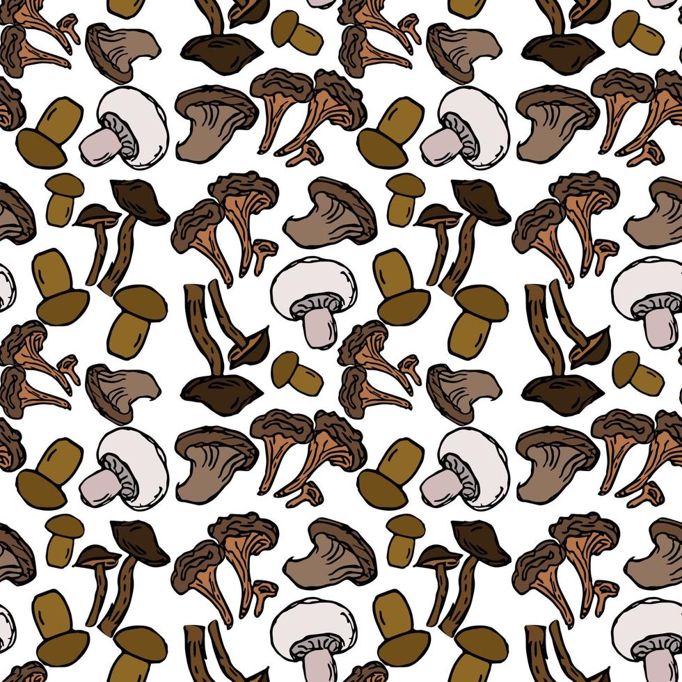 Seamless vector colored pattern with mushrooms. Doodle vector with mushroom icons on white background. Vintage mushroom pattern, sweet elements background for your project