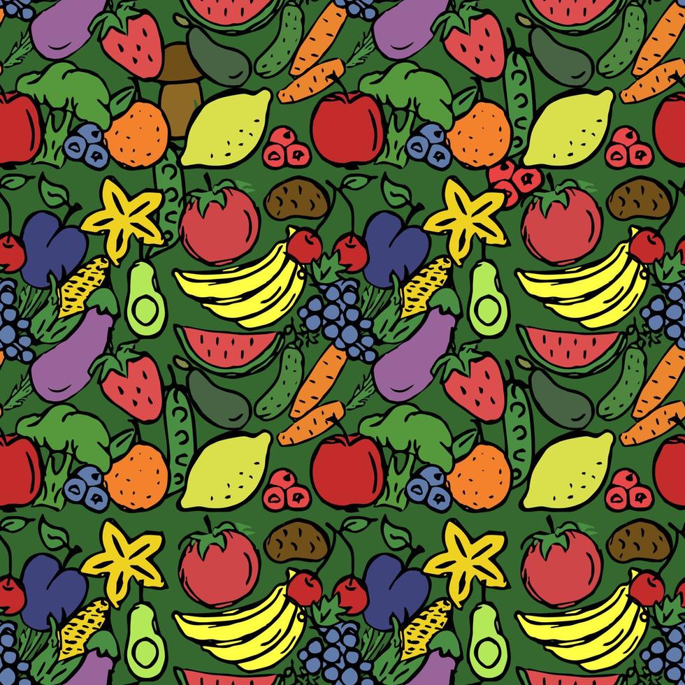 Colored seamless pattern with vegetables and fruits icons. vector food icons