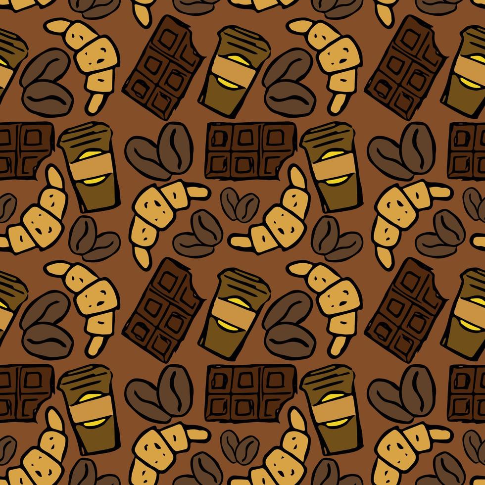 Seamless pattern with coffe, croissant and chocolate icons. vector food icons