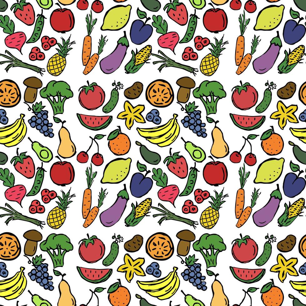 color de patrones sin fisuras con los iconos de frutas y verduras. vector iconos de comida