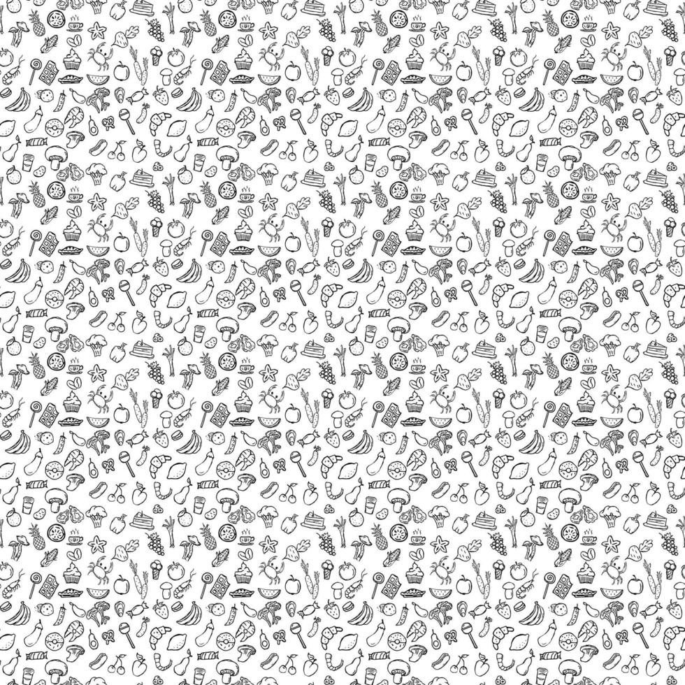 seamless pattern with food icons. icons of seafood, mushrooms, sweets, vegetables and fruits. vector food icons
