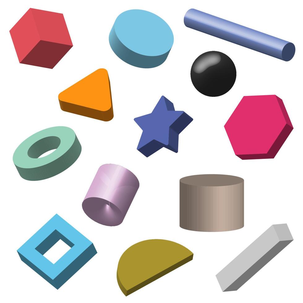 Set of multicolor 3D geometric shapes isolated on white background vector