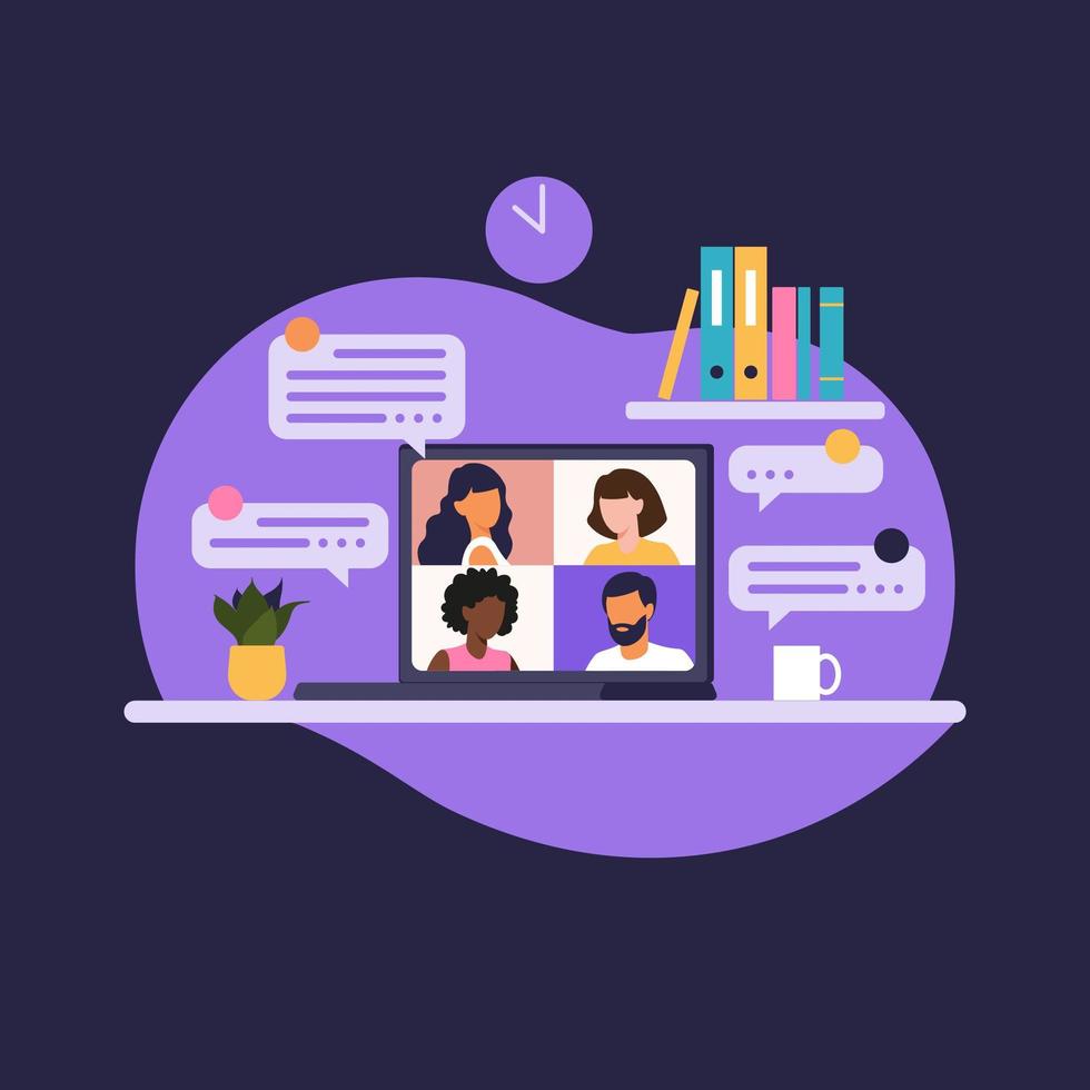 Online meeting via group call. People on computer screen speaking with colleague or friend. Illustrations concept video conference, online meeting or work from home. Vector illustration in flat.