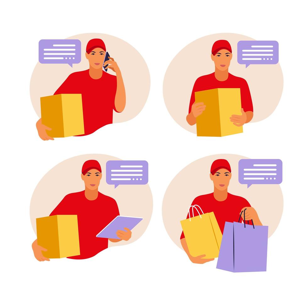 Man holding a box. ourier delivers the parcel . Vector illustration isolate on a white background