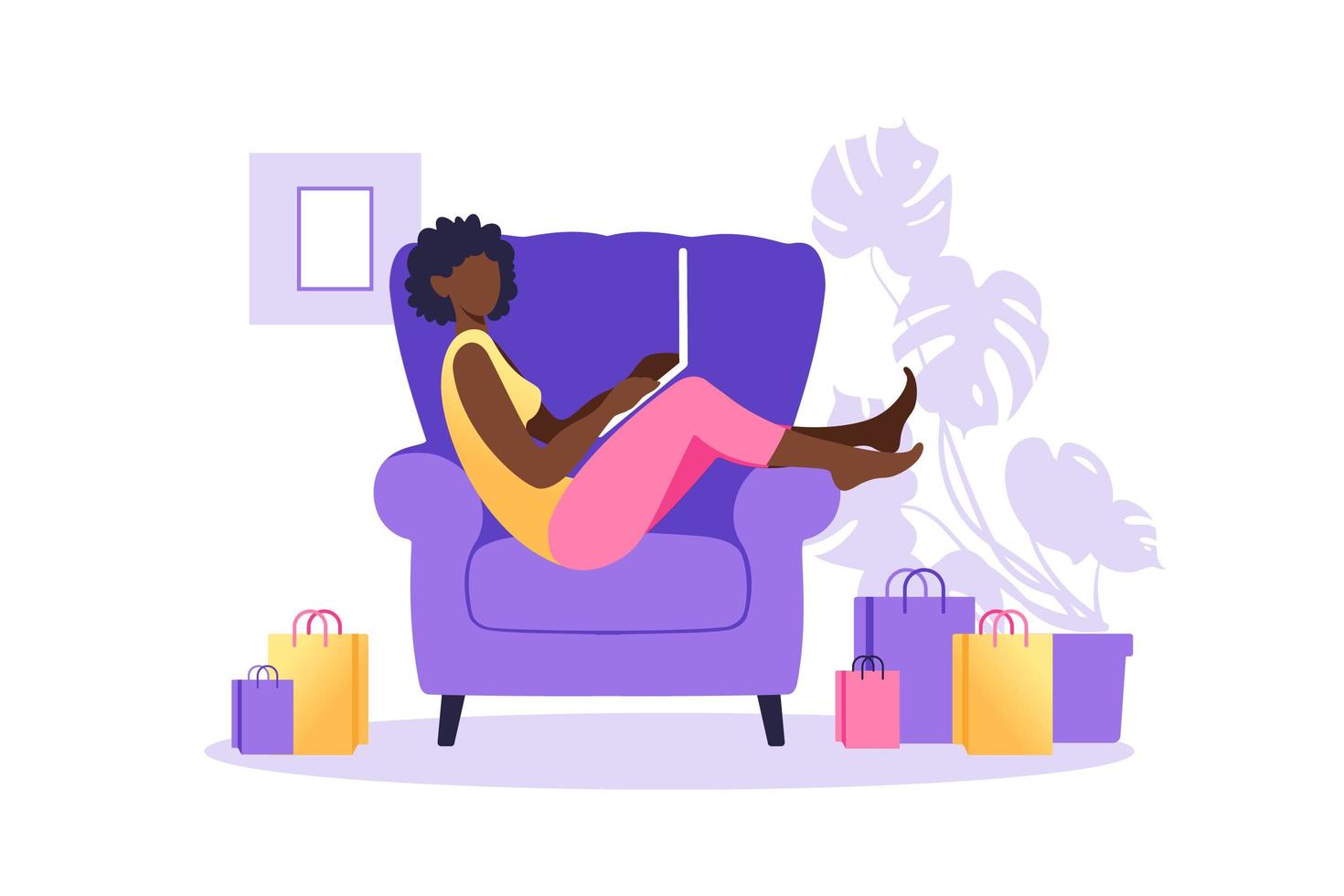 African american woman shopping online on laptop. Vector illustration. Online store payment. Bank credit cards. Digital pay technology. E-paying. Flat style modern vector illustration.