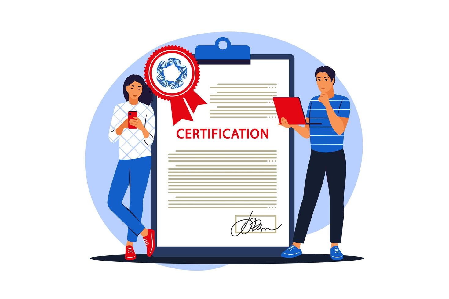 certificado comercial y concepto de desarrollo. jóvenes mujer y hombre de pie junto a un gran certificado con sello oficial. ilustración vectorial. plano vector