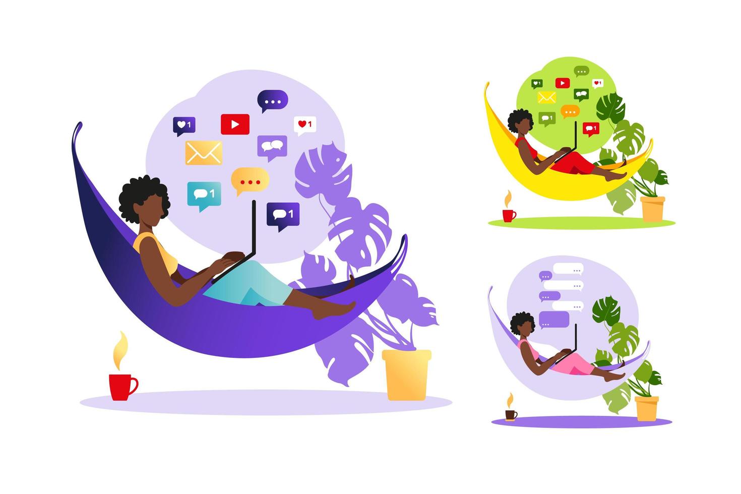 African woman sitting on hammock with laptop. Working on a computer. Freelance, online education or social media concept. Working from home, remote job. Flat style modern vector illustration.