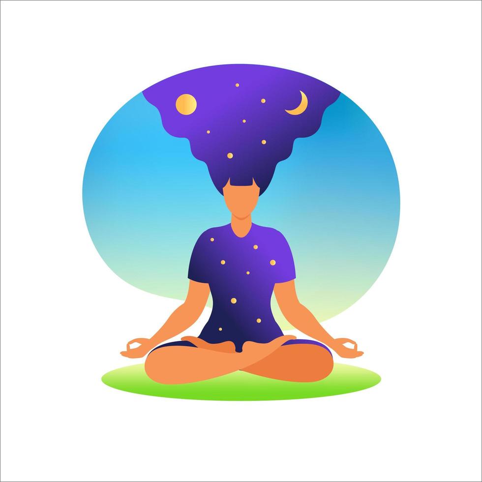 Woman meditating with nature background and her hair up. Meditation concept. Woman sitting in lotus position practicing meditation. in lotus pose. Vector illustration in flat style.