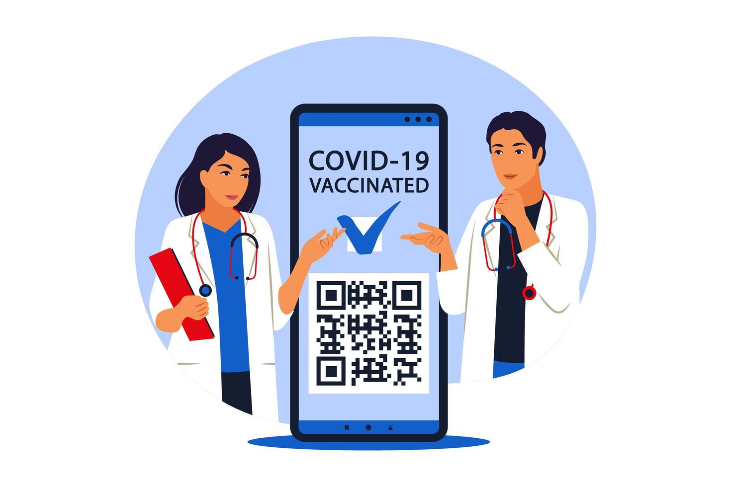 Certificate of vaccination on mobile phone screen with qr-code and pass check mark vaccinated. Mobile application. Vector illustration. Flat.