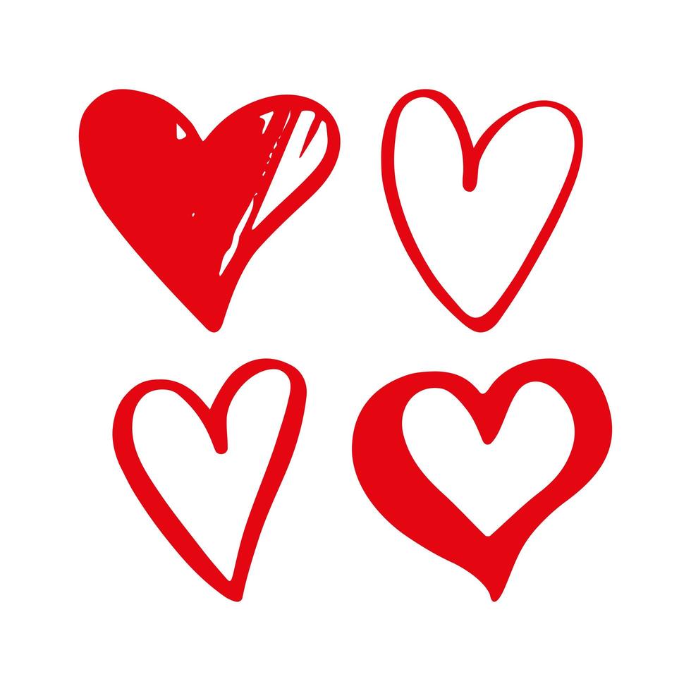 Hand drawn red hearts. Design elements for Valentine's day. Ink and brush. Vector illustration. Flat