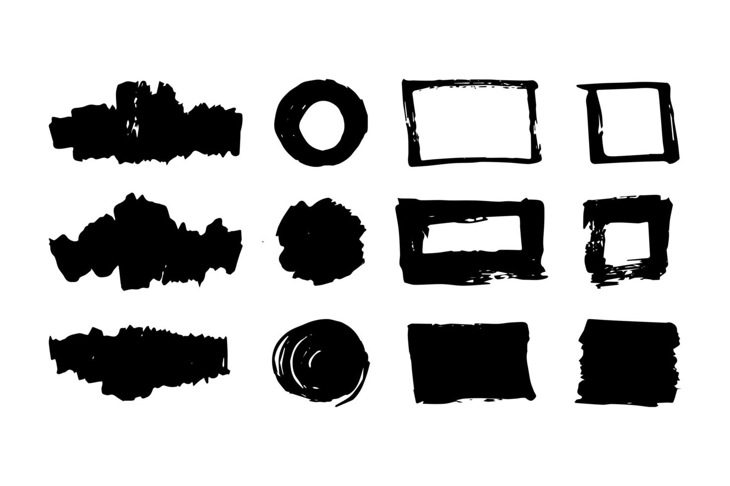 Set of hand drawn design elements. Artistic creative shapes. Collection of black paint, ink brush strokes. Vector illustration. Flat