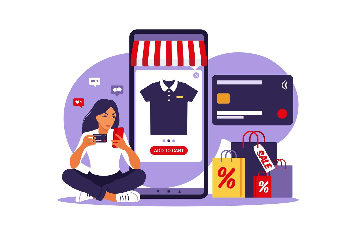 Woman online shopping. Black friday. Pay with credit card. Sale. Modern concept for web. Vector illustration. Flat style.