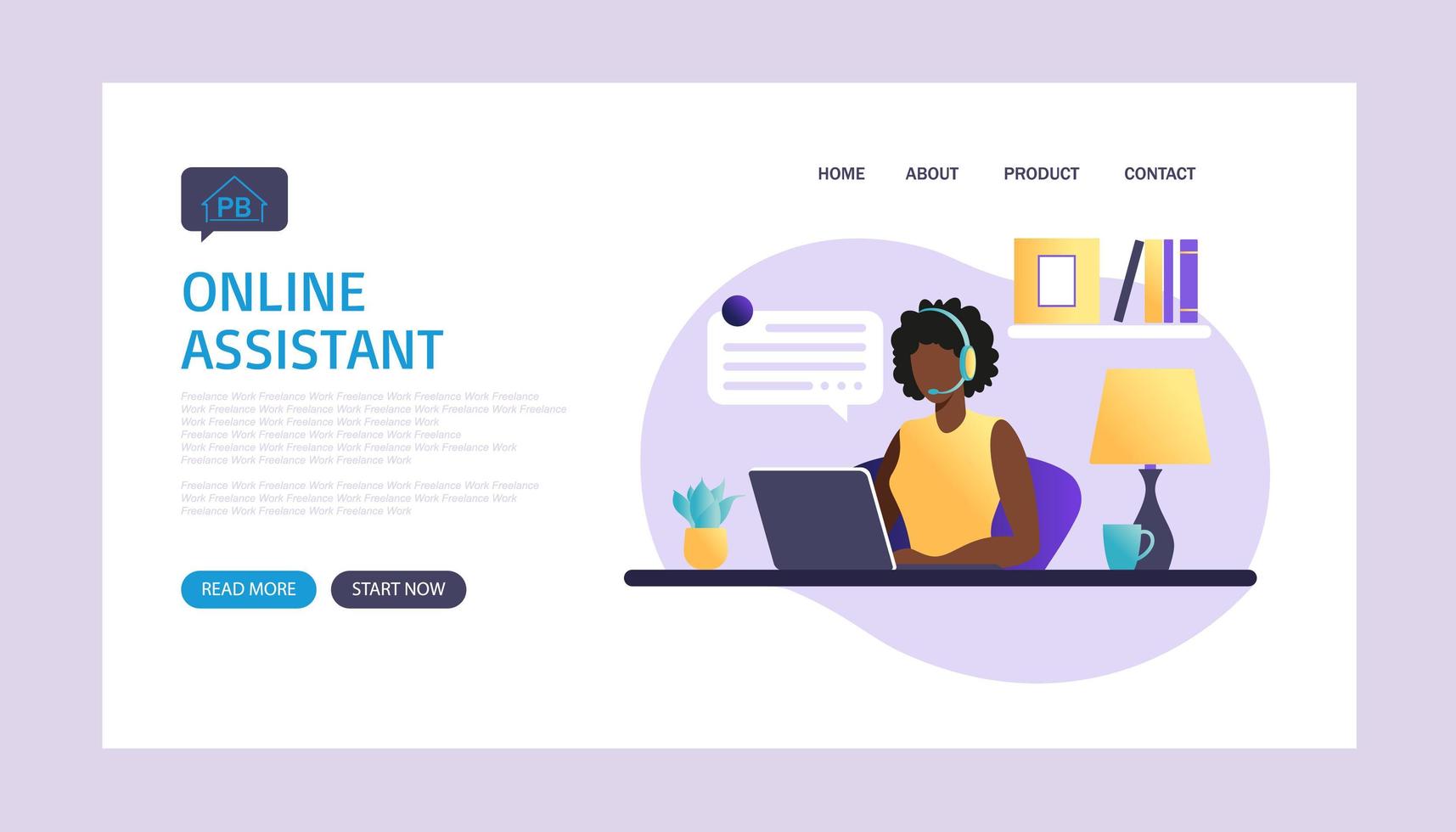 Online assistant landing page. african american woman with headphones with computer. Concept illustration for support, assistance, call center. Virtual help service. Vector illustration in flat.