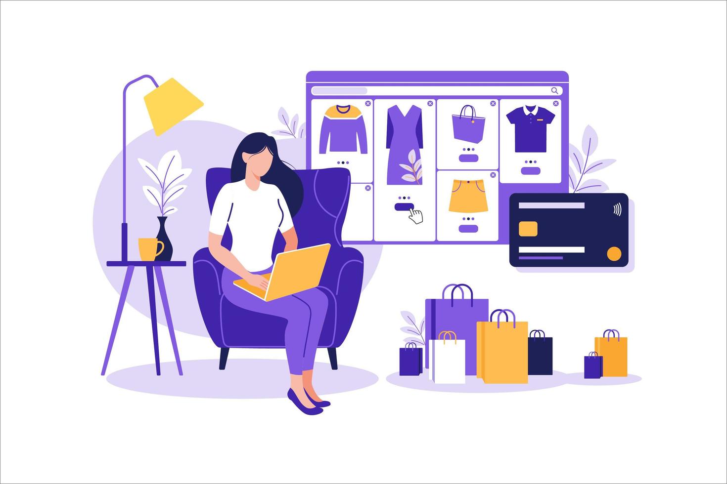 Women shopping online on mobile phone. Mobile app templates, vector illustration. Retail flat design. Online store payment. Bank credit cards. Smartphone wallets, digital pay technology. E-paying.