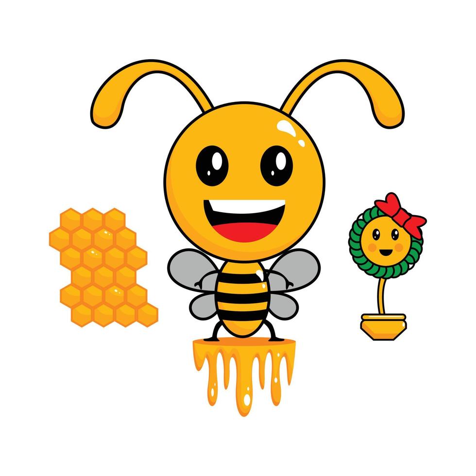 Bee Character With Flower And Honey vector