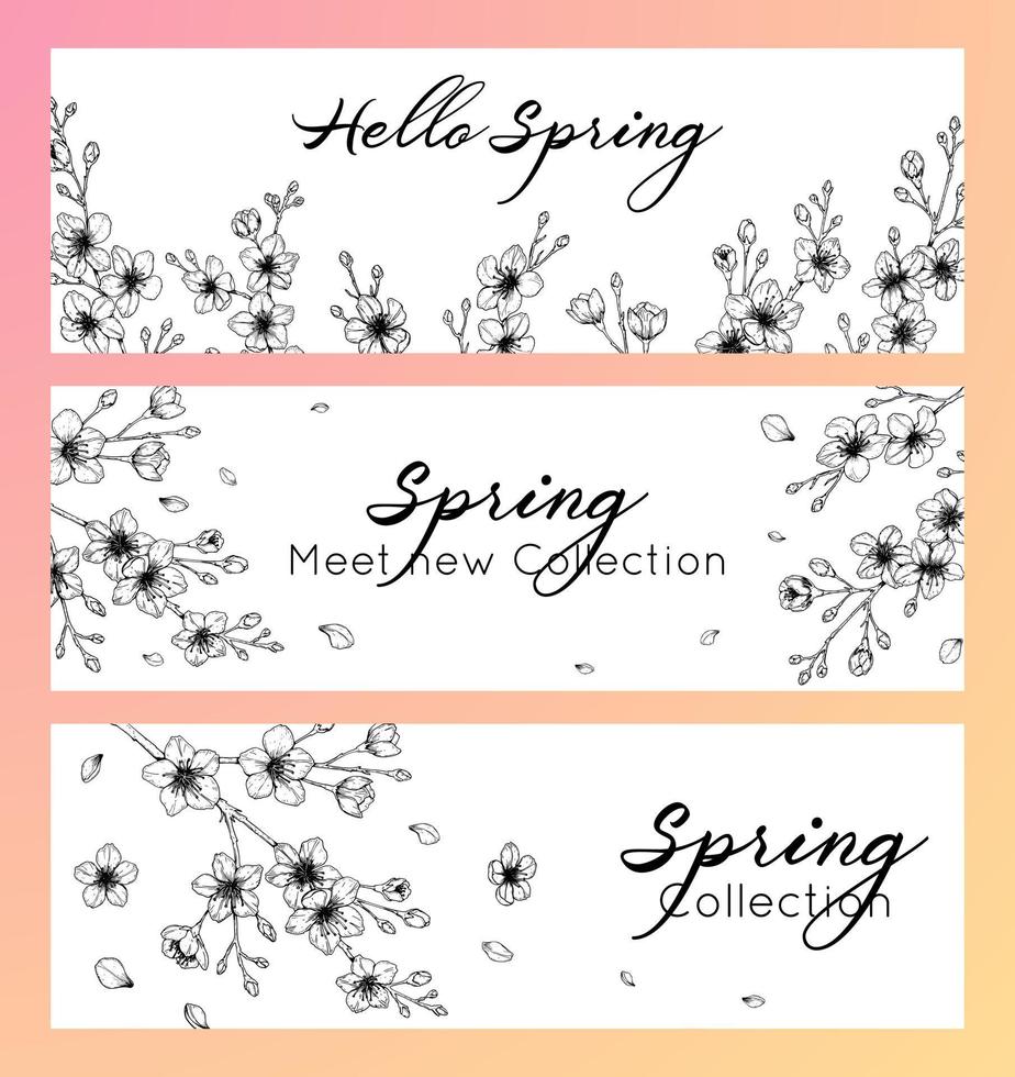 Set of horizontal banners with hand drawn spring cherry blossom in sketch style. Spring design for cards, banners, letters, invitations, headlines. Place for text vector