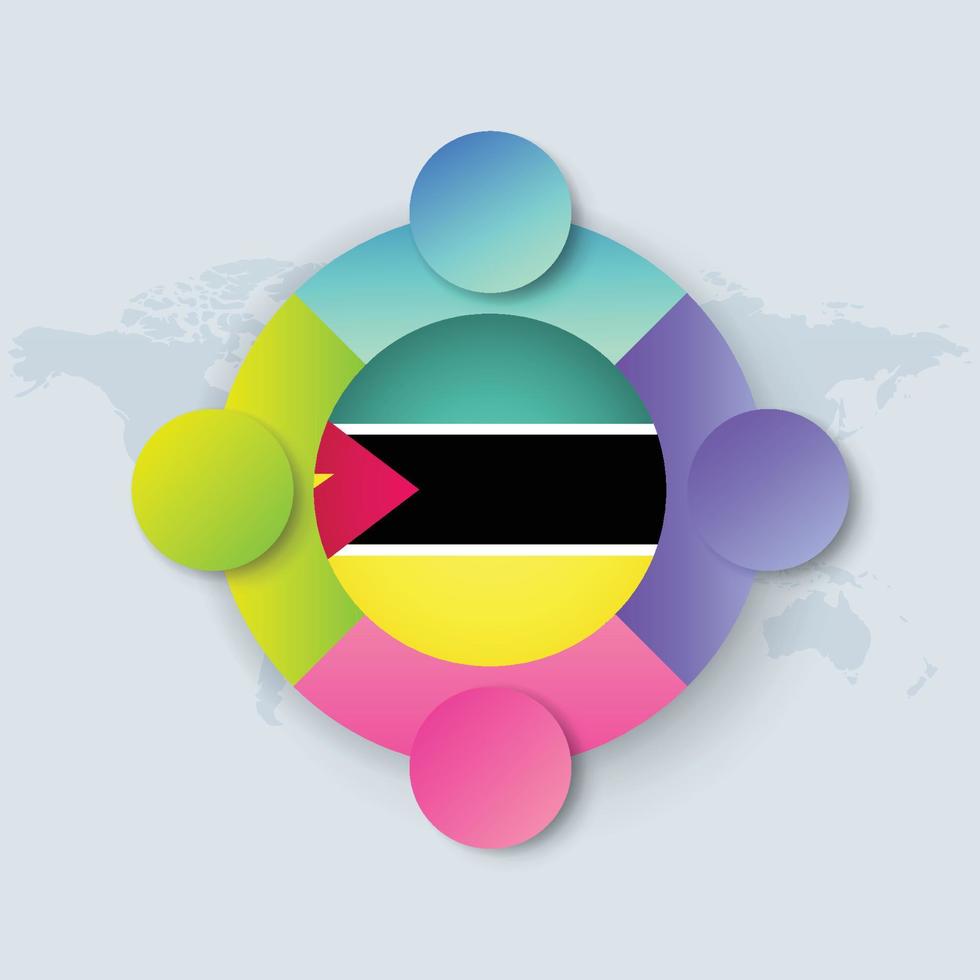 Bandera de Mozambique con diseño infográfico aislado en el mapa del mundo vector