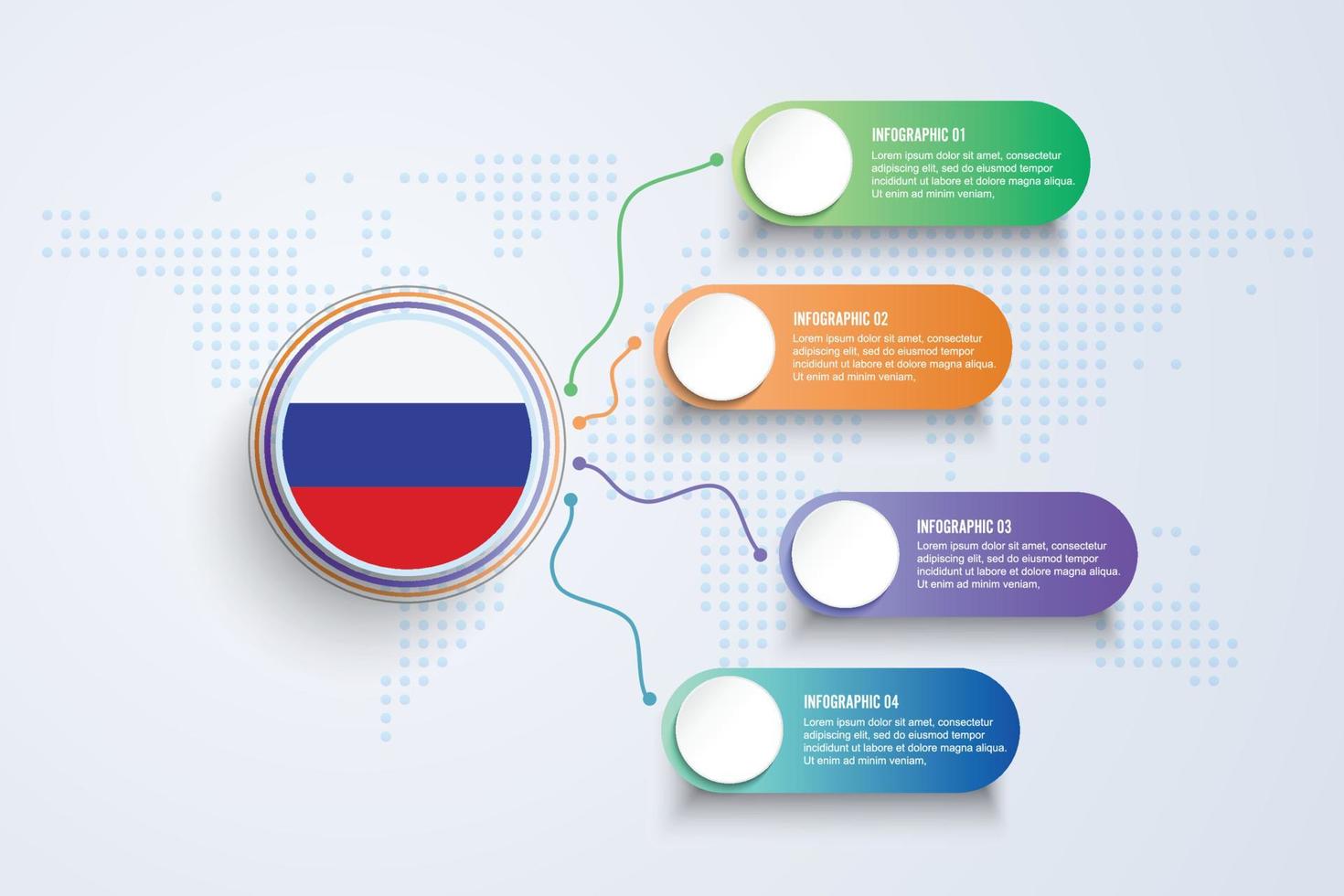 Russia Flag with Infographic Design isolated on Dot World map vector