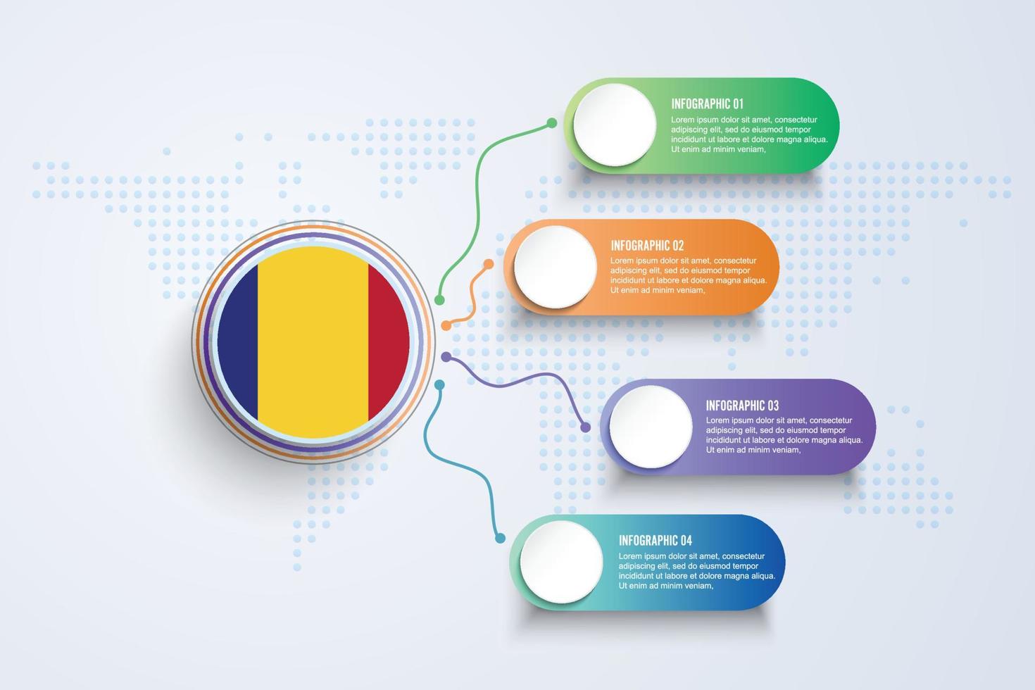 Romania Flag with Infographic Design isolated on Dot World map vector