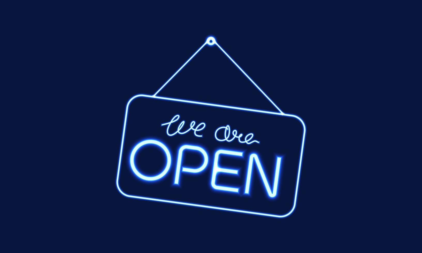 We are open sign or open sign using purple neon lights . neon text design . vector illustration