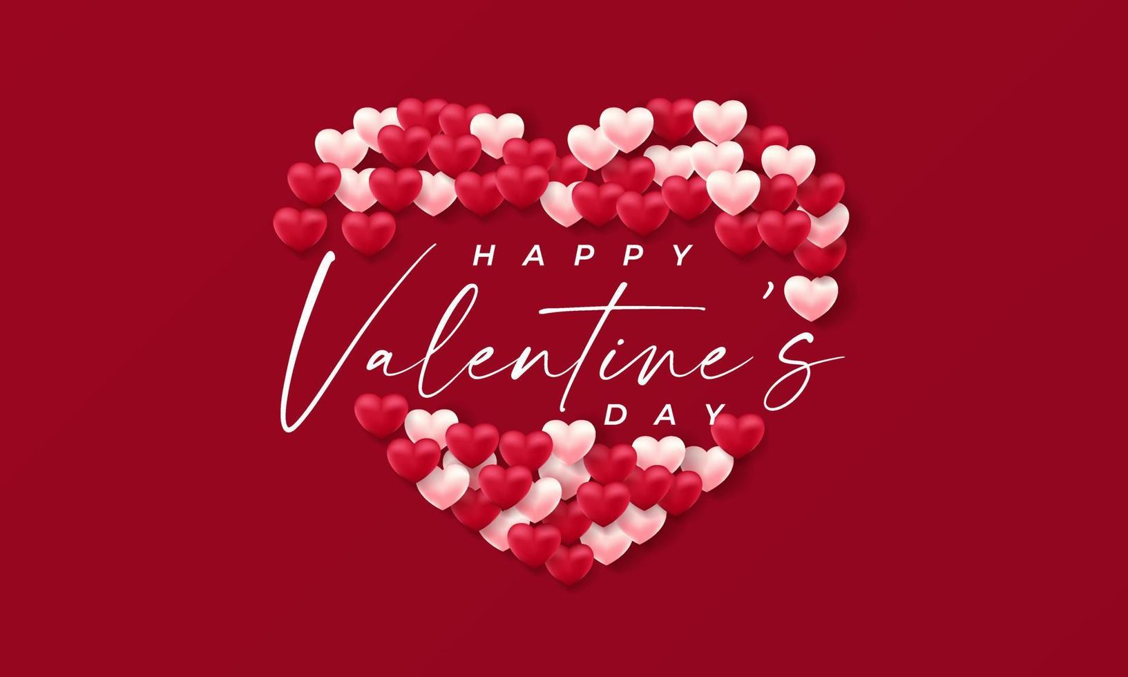 Valentines day 3d hearts. Cute love banner, romantic greeting card happy valentines day wishes text, red heart balloons vector concept