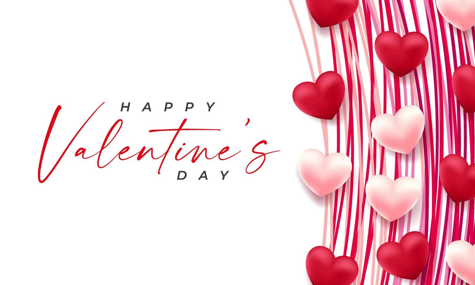 Valentines day 3d hearts. Cute love banner, romantic greeting card happy valentines day wishes text, red heart balloons vector concept