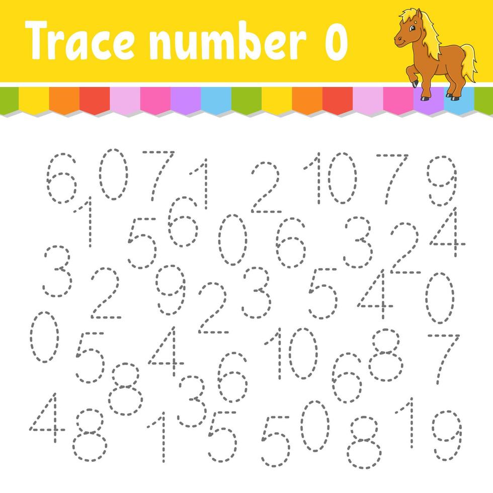 Trace number . Handwriting practice. Learning numbers for kids. Education developing worksheet. Activity page. Game for toddlers and preschoolers. Isolated vector illustration in cute cartoon style.