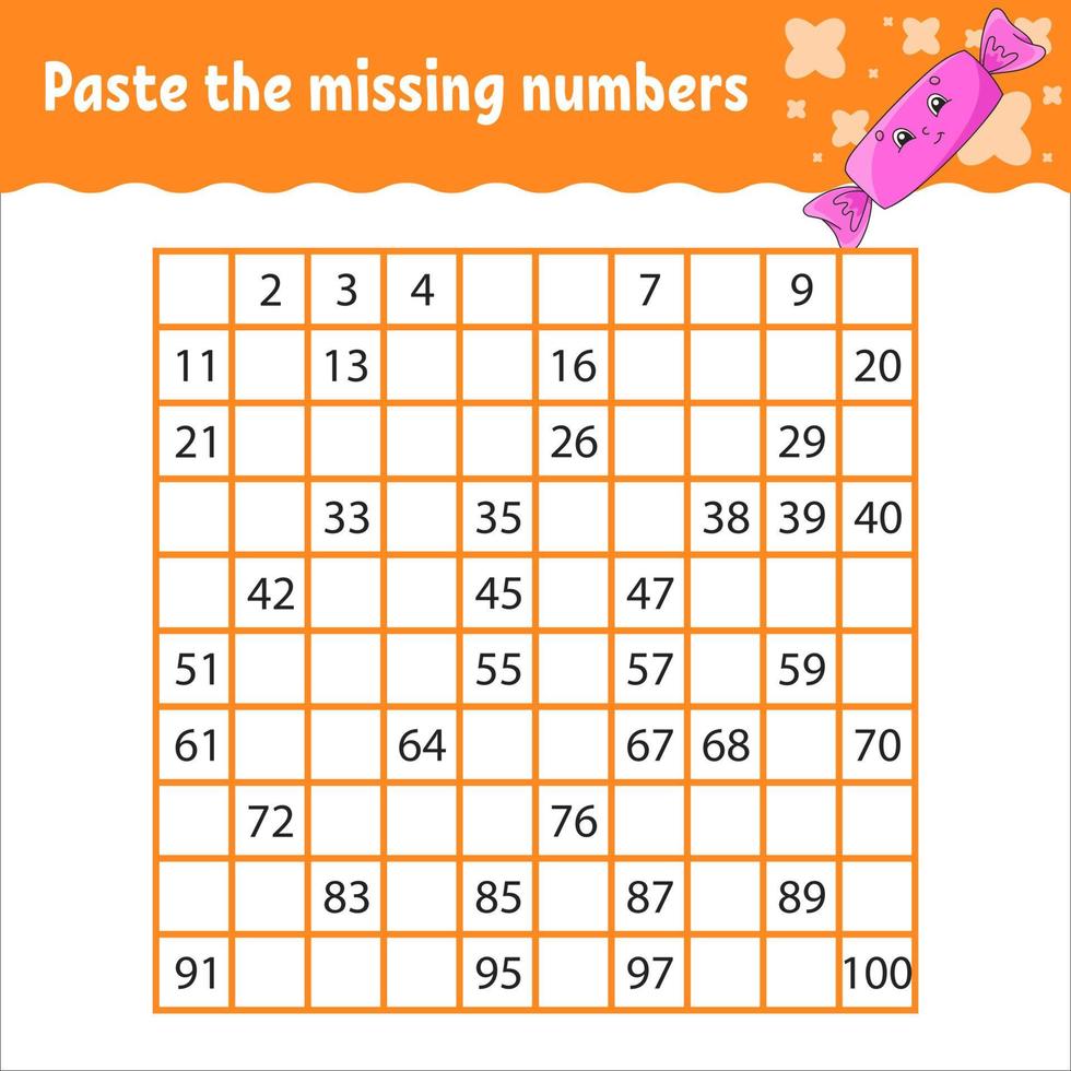 Paste the missing numbers from 1 to 100. Handwriting practice. Learning numbers for kids. Education developing worksheet. Activity page. Game for children. vector