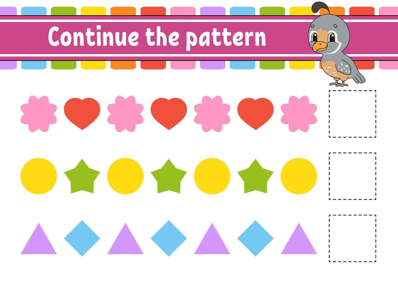 Continue the pattern. Education developing worksheet. Game for kids. Activity page. Puzzle for children. Riddle for preschool. Flat isolated vector illustration. Cute cartoon style.