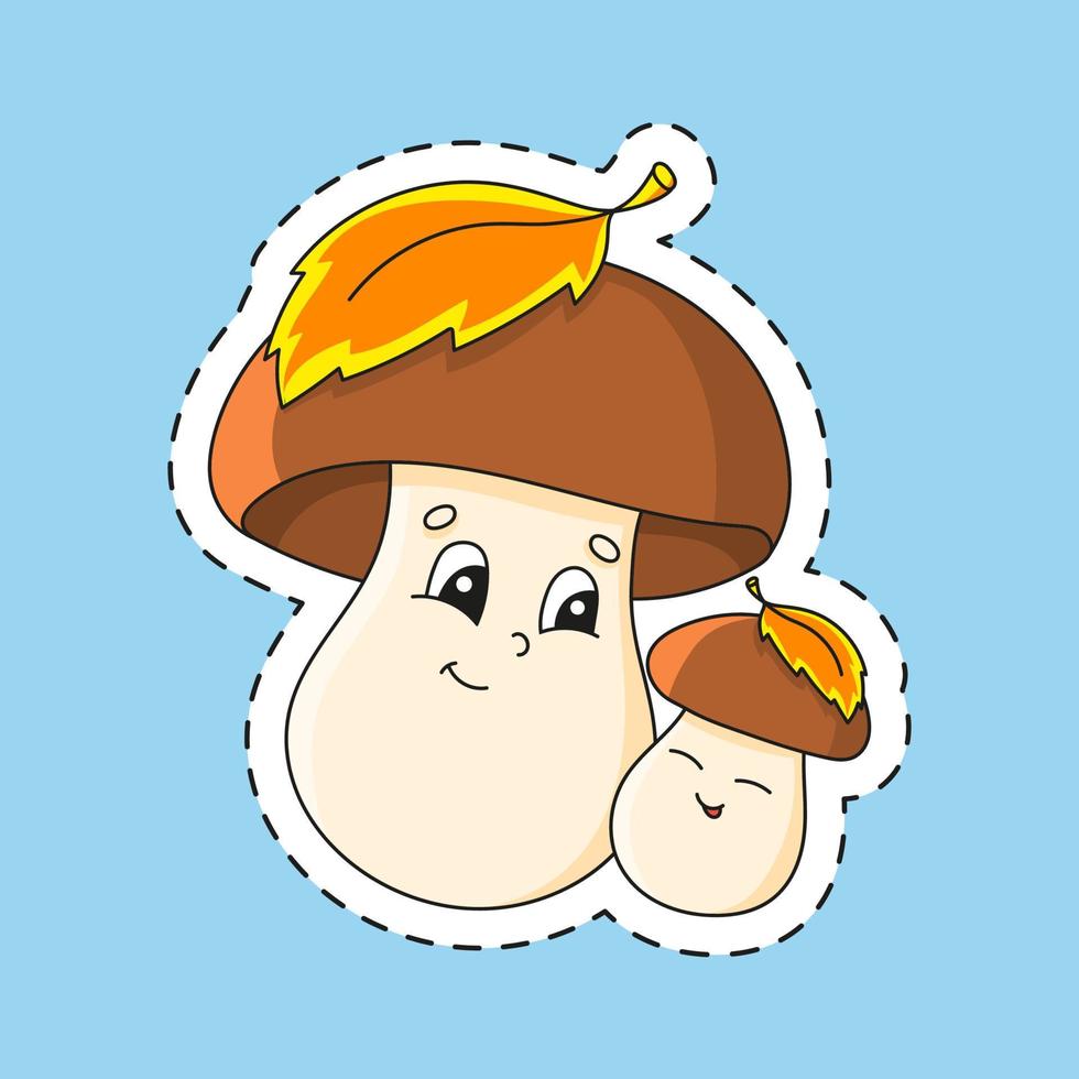 Sticker with contour mushroom. cartoon character. Colorful vector illustration. Isolated on color background. Template for your design. Autumn theme.